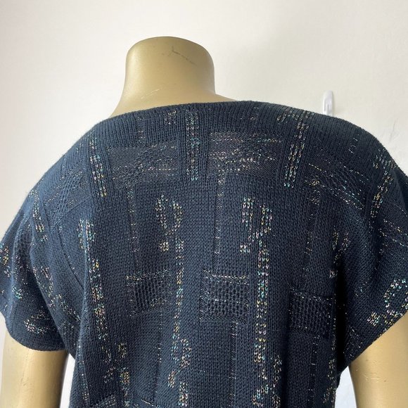 VINTAGE KENETH TOO KNIT SHORT SLEEVE SWEATER TOP, MULTI-COLOR METALLIC V-NECK - Picture 5 of 7